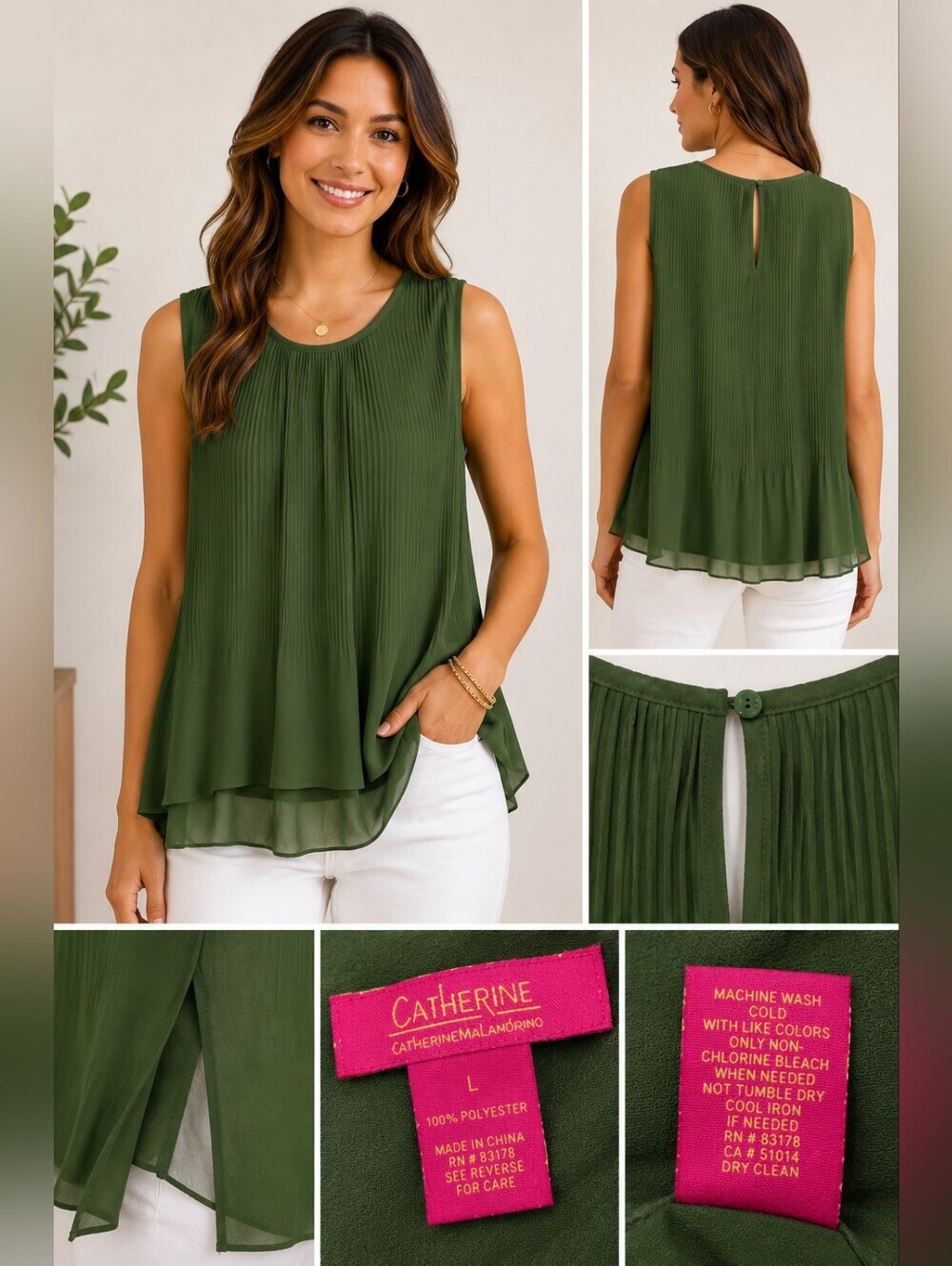 Catherine Catherine Malandrino Women's Pleated Chiffon Sleeveless Blouse Green L